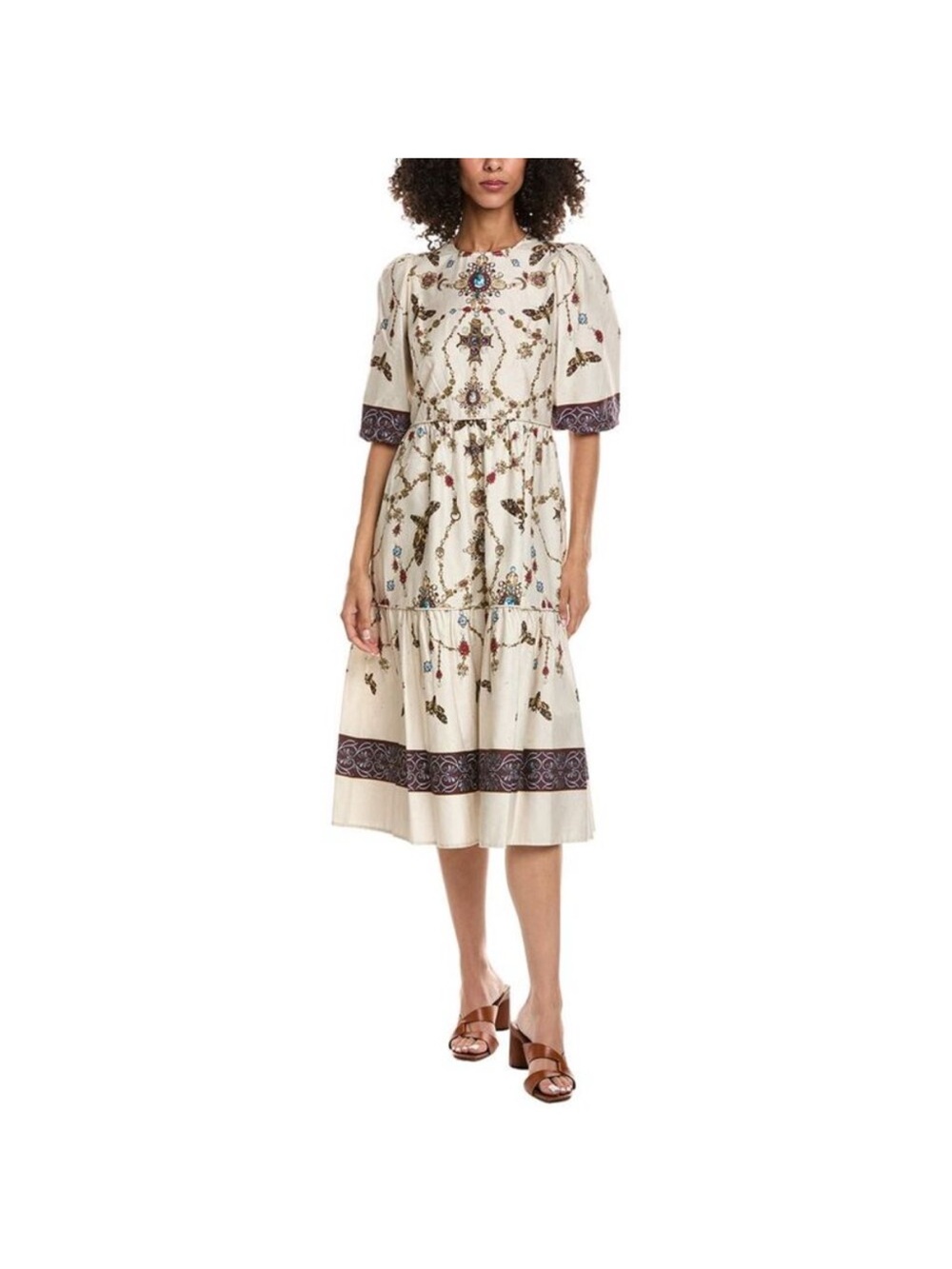 Marchesa Cream Midi Dress with Multicolor Embroidery